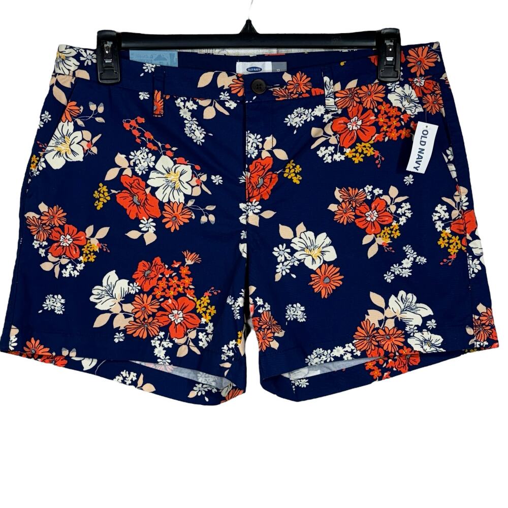 Old Navy SZ 12 Chino Shorts Floral Mid-Rise Pockets Zip-Fly Flat Front Navy Blue